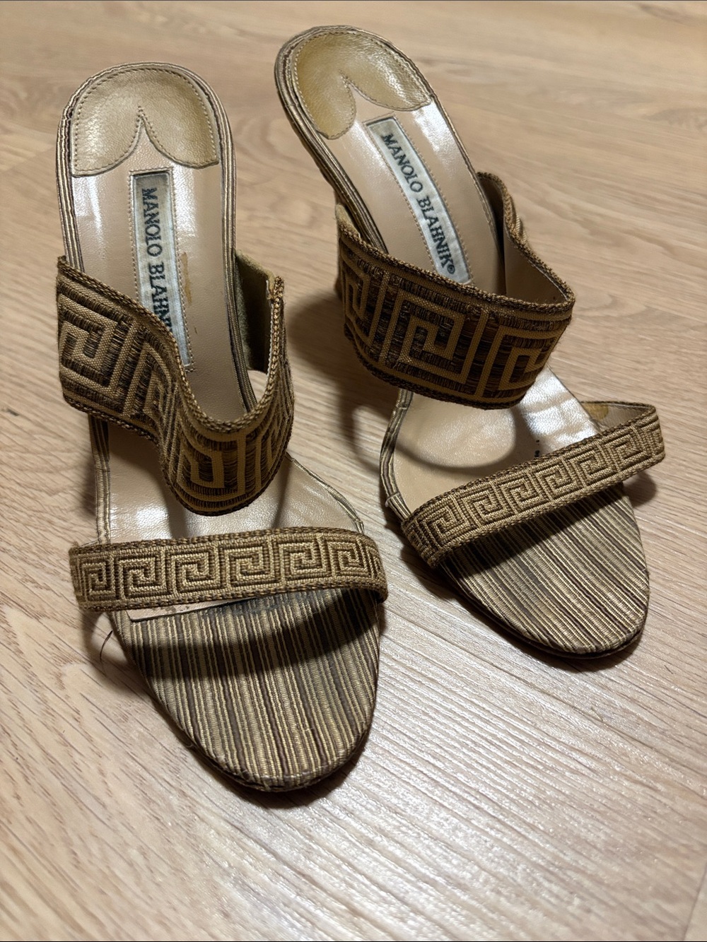 Manolo Blahnik Brown Embroidered Slide Heels